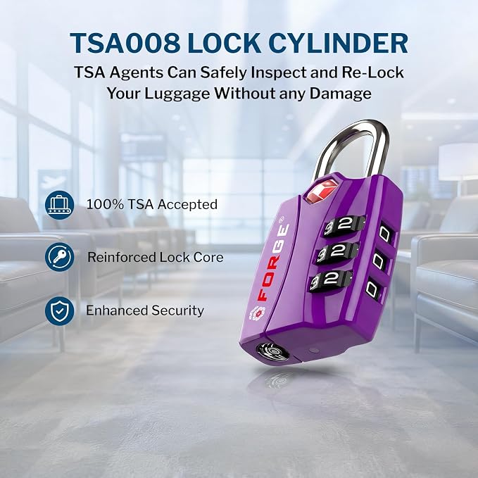 Forge Open Alert TSA Approved Luggage Locks - 3 Digit Combination, Easy Read Dials, Zinc Alloy Body - Ideal Travel Lock for Luggage, Suitcases, Bags & Toolboxes (Purple 4 Locks) - Image 3