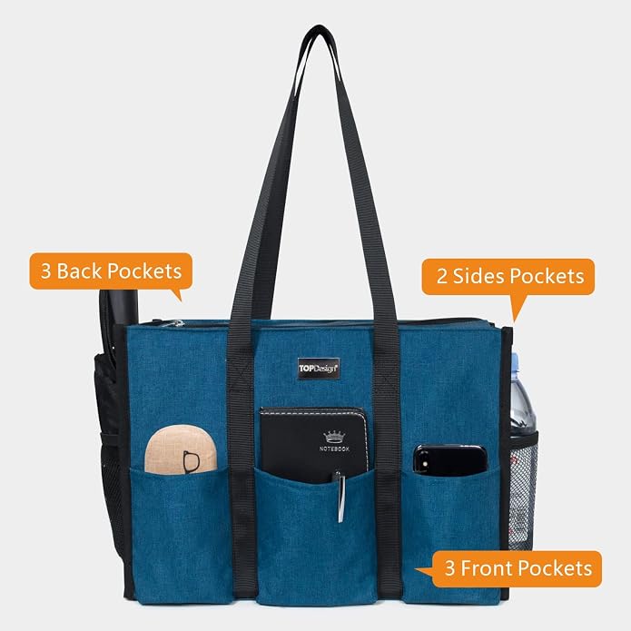 TOPDesign Utility Water Resistant Tote Bag with 13 Pockets, Top Zipper Closure & Thick Bottom Support, for Working Women - Image 3