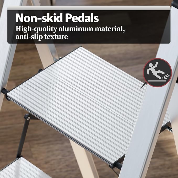 KINGRACK Aluminium 5 Step Ladder, Lightweight Step Stool with Non-Skid Pedals, Handrail, Foldable Step Ladder for Kitchen, Garage, Home, Space Saving, Sturdy and Portable, Silver - Image 2