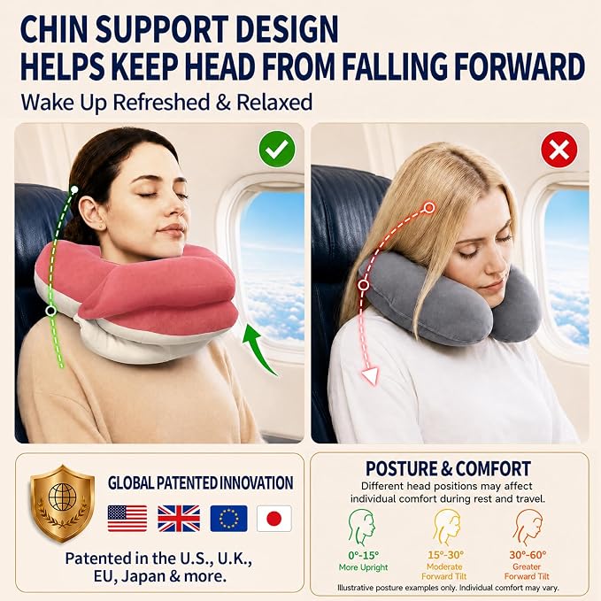 Travel Neck Pillows for Airplanes, Memory Foam 360° Head Support Sleep for Long Flight, Skin-Friendly & Breathable, Kit with Eye Mask, Earplugs and Storage Bag (Adult, Pink, 90+ lbs) - Image 3