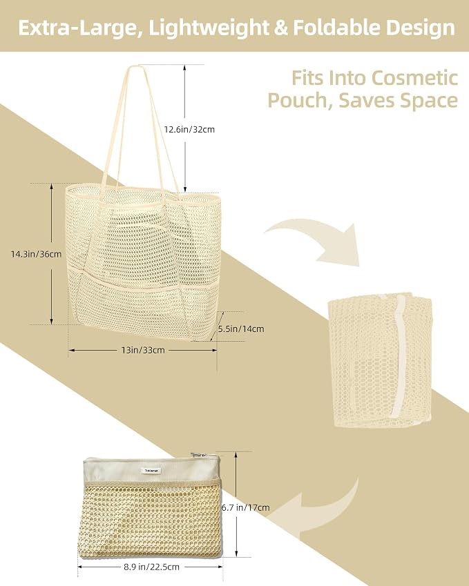 Mesh Beach Tote Bag for Women, 2-in-1 Large Lightweight Foldable Design | Packable into Matching Makeup Pouch | Multiple Pockets | Quick-Dry Sandproof Mesh | Beach, Pool, Travel, Shopping & Gym - Image 4
