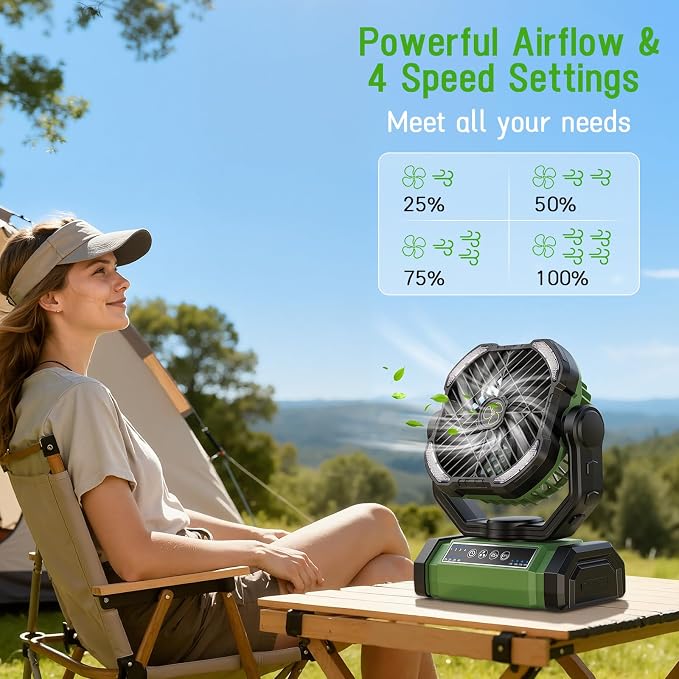 UUYEE Camping Fan Rechargeable, Large Capacity Battery Powered Fans - Green | LED Light, 4-Speed, Cordless, Hanging Hook, 270° Adjustable, Quiet, Lightweight, Battery Operated Fan for Tent Beach Outdoor - Image 2