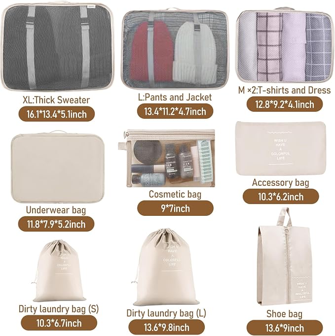 Packing Cubes for Travel- 8 Set Luggage Organizer Bags for Family, Mesh Breathable Travel Packing Cubes for Suitcases Durable Travel Essentials Bags Set (Beige, 10 Set) - Image 6