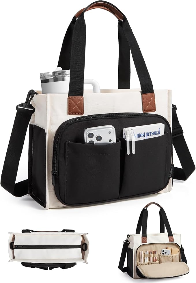 BAGSMART Canvas Tote Bag for Women, Small Work Tote Bag with Zipper | 30oz/40oz Tumble & 11 Pockets Travel Tote, Teachers/Nurses, Lightweight Canvas or Water-Resistant Puffer Taslon Crossbody Bag by BAGSMART