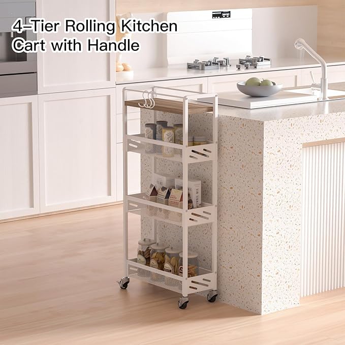 DGSNADGO Slim Rolling Storage Cart, 4-Tier Narrow Kitchen Cart with Wheels | Metal Mobile Snack Shelving, Skinny Rolling Spice Rack for Small Space in Kitchen, Living Room, Bathroom, Beige and White - Image 2