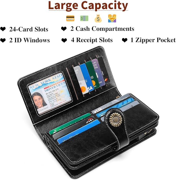 SENDEFN Wallets for Women Leather Credit Card Holder with RFID Blocking Large Capacity Wristlet | with RFID Blocking - Image 3