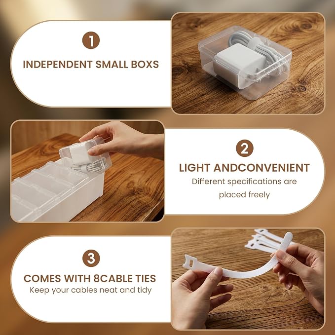8 Individual Cable Organizer Boxes With Base, Cord Storage Organizer With Labels And Cable Straps For Charging Cables, Adapters, Earphones (8 pcs Individual Cable, 2 Pack) - Image 3
