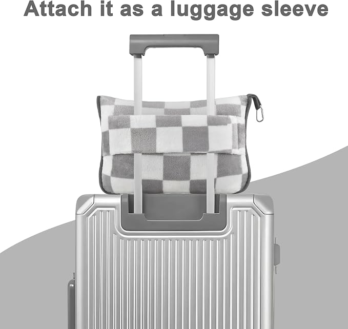 Travel Blanket and Pillow Compact, Premium Soft 2 in 1 Airplane Blanket with Soft Bag Pillowcase，Hand Luggage Sleeve and Backpack Clip (Grey Checkered) - Image 5