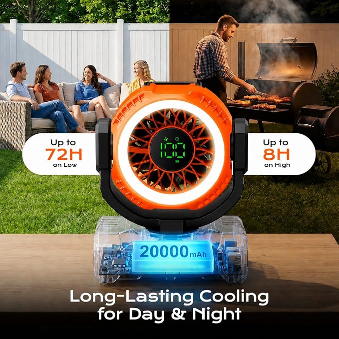 Portable Camping Fan 3-in-1, 20000mAh Rechargeable Fan with 1-100 Speeds | Auto-Oscillating Cordless Battery Powered Fan with 12H Timer, LED Lantern, Display, Gift for Men Women, Travel, Jobsite, Tent - Image 4