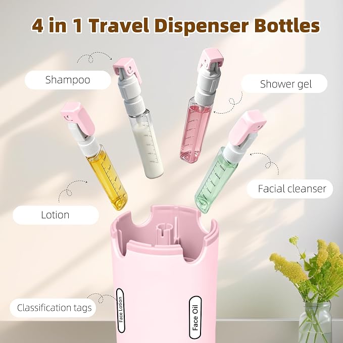 4-in-1 Travel Dispenser Bottle,4 Pack 30ML Travel Bottles for Toiletries, Leak Proof Travel Size Containers (Pink) - Image 4