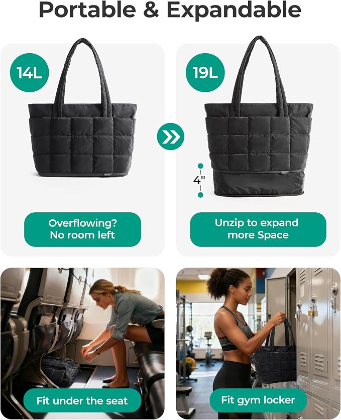 BAGSMART Expandable Tote Bag for Women, Puffer Work Tote Travel Bag | Quilted Carry On Bag for Travel Work Gym College, Waterproof Travel essentials - Image 3