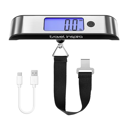 travel inspira Rechargeable Luggage Scale 110lb/50kg - Large Backlit Display - Stainless Steel - Portable Digital Hanging Scale for Suitcases, Bags, Packages (USB -C Charging Included) by TravelInspira