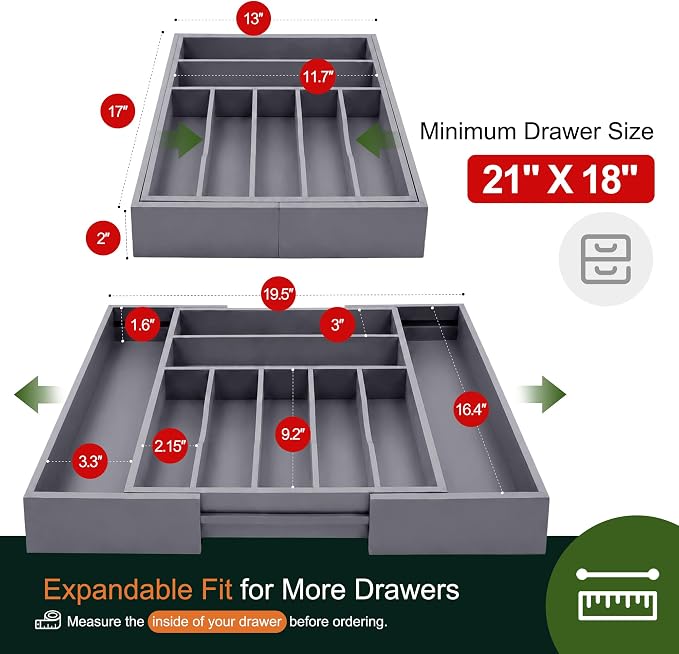 Large Premium Bamboo Silverware Organizer - Expandable Drawer Organizer & Utensil Organizer - 17"x19.7" Cutlery Tray with Dividers for Kitchen Utensils and Flatware (7-9 Slots) (Grey) - Image 2