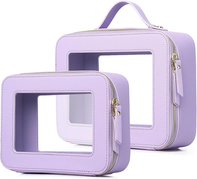 Pinkmik Clear Makeup Bag, (Purple, M+L) | 2PC,Waterproof, Travel Cosmetics and Toiletries Case, Portable Makeup Organizer, Clear Car Bag with Zipper by Pinkmik