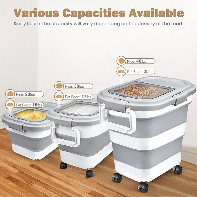 Rice Storage Container, Collapsible Airtight 10-40 Lb Rice Storage Container, 25lb Pet Dog Food Storage Container, Rice Dispenser Bin with Cup and Scoop for Flour Cereal Pasta Grain, Cat Bird - Image 2