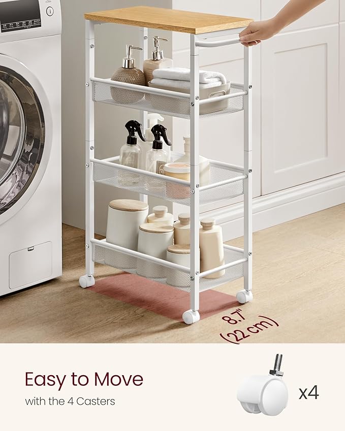 VASAGLE Slim Rolling Cart, 4-Tier, 8.7 Inches Deep, Steel Frame | Storage Cart with Handle, Narrow for Kitchen, Living Room, Golden Oak and Matte White, DACEY Collection ULRC033W09 - Image 4