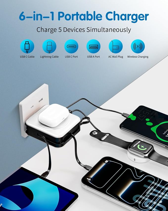 10000mAh for Magsafe Portable Charger Built-in Cables & AC Wall Plug,White | 6-in-1,PD 22.5W USB C Fast Charging,15W Magnetic Wireless Charging,Charge 5 devices at once,LED Display Travel Power Bank - Image 4
