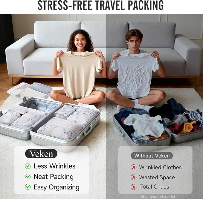 Veken 8 Set Packing Cubes for Travel Essentials, Suitcase Organizer Bags in 4 Sizes, Carry-On Luggage Accessories with Laundry Bag, Airplane Must Have with 99-Count Mesh Holes - Image 7