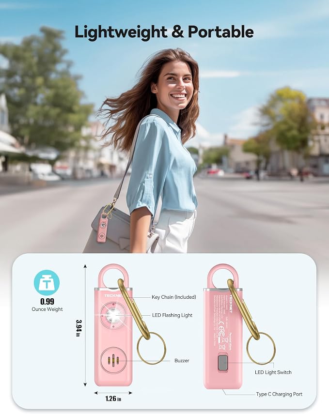 TECKNET Rechargeable Personal Safety Alarm for Women, 130dB Self Defense Keychain Alarm with SOS Strobe Light, Low Battery Notice, Loud Siren Safety Keychain for Girls Kids Elderly - Pink - Image 5