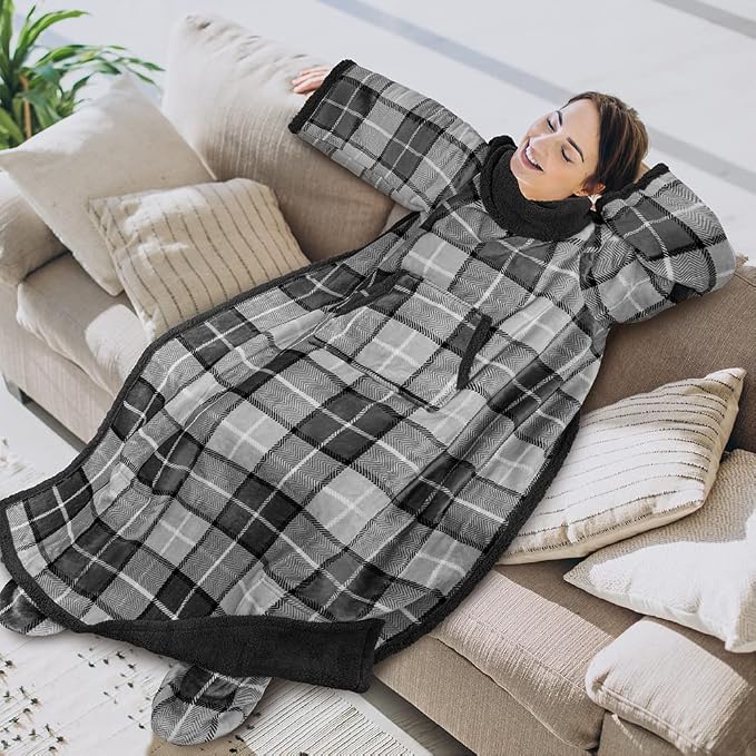 PAVILIA Sherpa Blanket with Sleeves, Foot Pocket for Women Men Adults, Thick Wearable Blanket Throw Wrap, Fleece Warm Snuggle Blanket Robe, Cozy Gift Ideas Wife Mom, Plaid Gray - Image 3