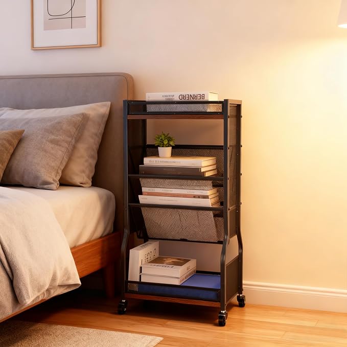8-Tier Rolling Book Cart with Lockable Wheels, Double-Sided Storage Bookshelf for Narrow Spaces, Mobile Organizer Cart for Office, Library and Home - Image 9