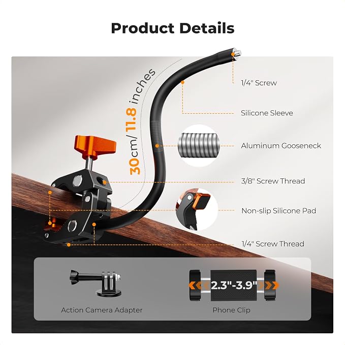 K&F CONCEPT Flexible Clamp Mount Kit, Action Camera Gooseneck Mount | 1/4" & 3/8" Screws for Flat & Round Surfaces, Compatible with Smartphone, Action Camera, Light and Webcam, MS50 - Image 5