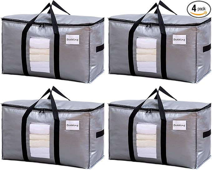 TAILI 4 Pack Silver Extra Large Moving Bags,Storage Bag with Visible Window | 93L Heavy Duty Totes For Storage,Wrap Around Handles,Alternative to Moving Boxes, College Dorm,Perfect for Moving by TAILI