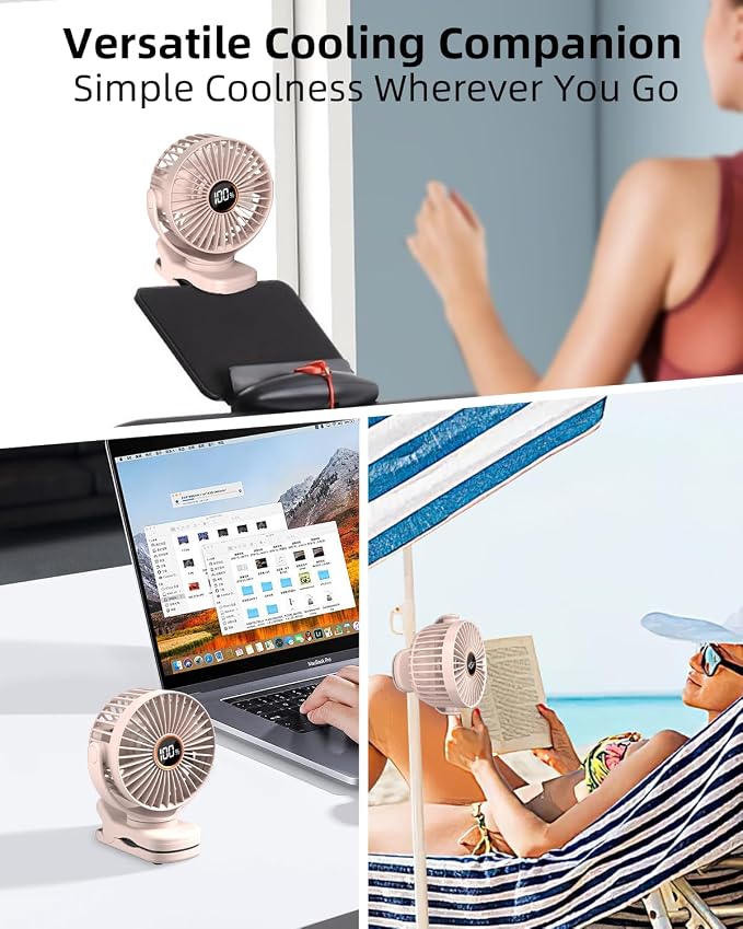 buywoo Portable Mini Personal Fan, Small Rechargeable Battery Powered Stroller Fan for Desk, Strong Clamp Grip, 360° Rotation, 3-Speed, LED Display, Clip On Cooler for Bed, Golf Cart, Office, Pink - Image 6