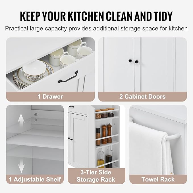 VEVOR Kitchen Island Cart, 32" Mobile Carts with Storage Cabinet, Rolling Table with Power Outlet, Spice Rack, Towel Bar, Adjustable Shelf, Drawer, Dining Living Room Portable Islands on Wheels, White - Image 3