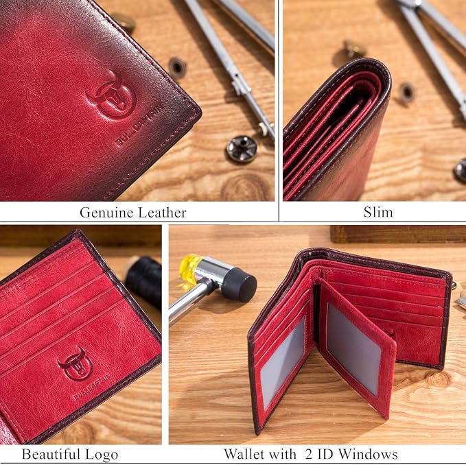 BULLCAPTAIN RFID Wallets for Men,Genuine Leather Wallet QB-05（Crimson ） | Slim,Bifold,Front Pocket Wallet, 2 ID Windows,11 Card Slots,RFID Blocking TechnologyGift Choice - Image 6