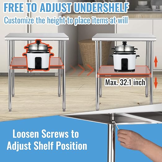 VEVOR Stainless Steel Prep Table, 30 x 30 x 36 Inch, 800lbs Load Capacity Heavy Duty Metal Worktable with Adjustable Undershelf & Feet, Commercial Workstation for Kitchen Garage Restaurant Backyard - Image 7