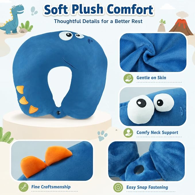 Travel Pillow for Kids & Adults Car Neck Pillow Memory Cotton U-Shaped Neck Pillow Soft Head Support Travel Accessories for Airplane Car Train Bus (Dinosaur) - Image 4