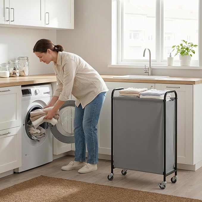 GRANNY SAYS Laundry Hamper, Slim Basket with Wheels and Handles, Grey, 80L | Heavy Duty Metal Frame, Silent Rolling Cart for Clothes in Bedroom, Bathroom, Dorm - Image 8