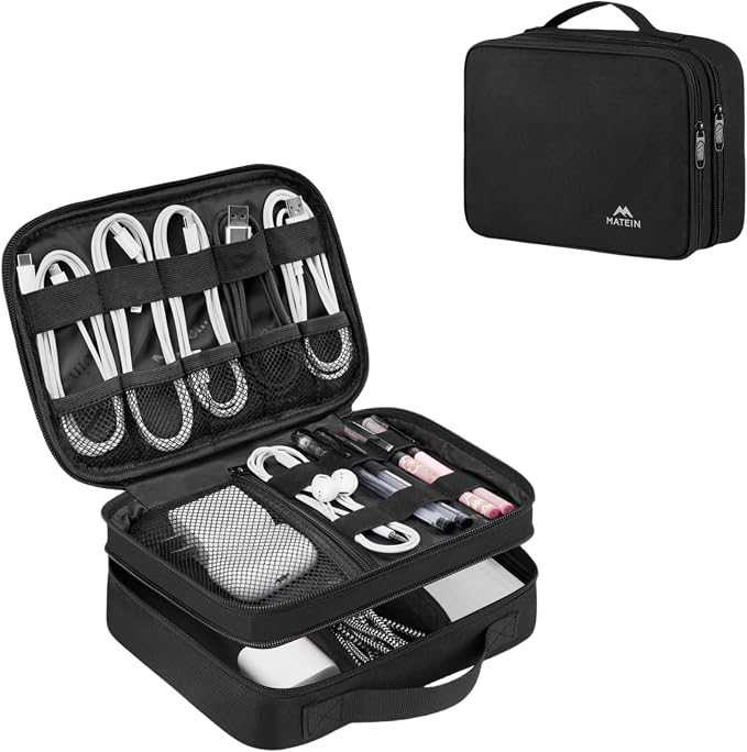 MATEIN Small Electronic Organizer Travel Case, Double Layer Cable Organizer | for Travel Accessories, Water Resistant Portable Tech Case for Phone, Cords, Charger, Earphone, Tech Gifts, Black by MATEIN
