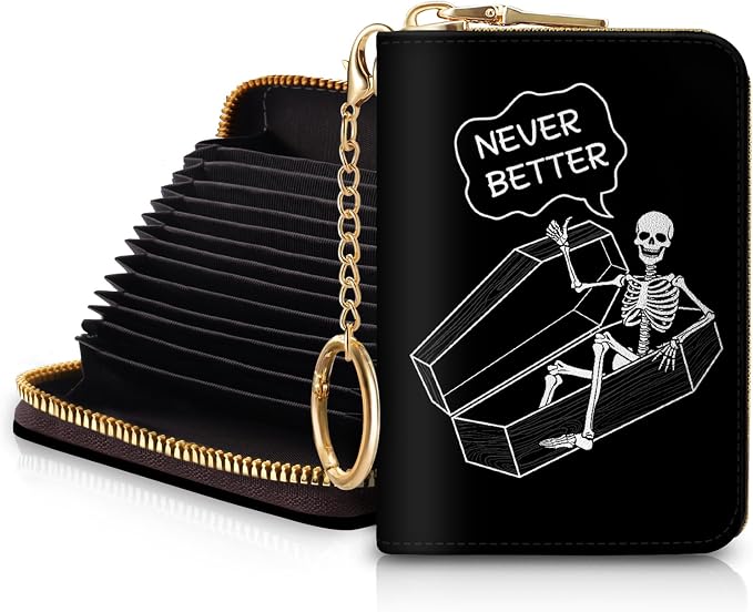 Blusabaca RFID Credit Card Holder Small Women Travel Wallet, Funny Skull | Removable Keychain, Case with Zipper, Vegan PU Leather, Cash Coin Pocket, Business Accordion Purse, Ladies Female Gift by Blusabaca