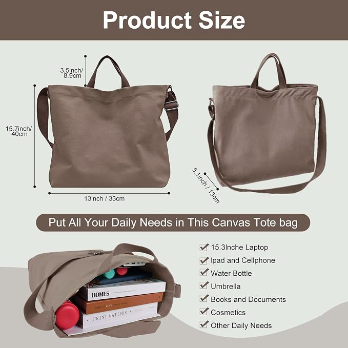 Women's Canvas Tote Bag inside Out Bag with Adjustable Crossbody Strap for Work Travel Shopping Durable Handbag for Men - Image 3