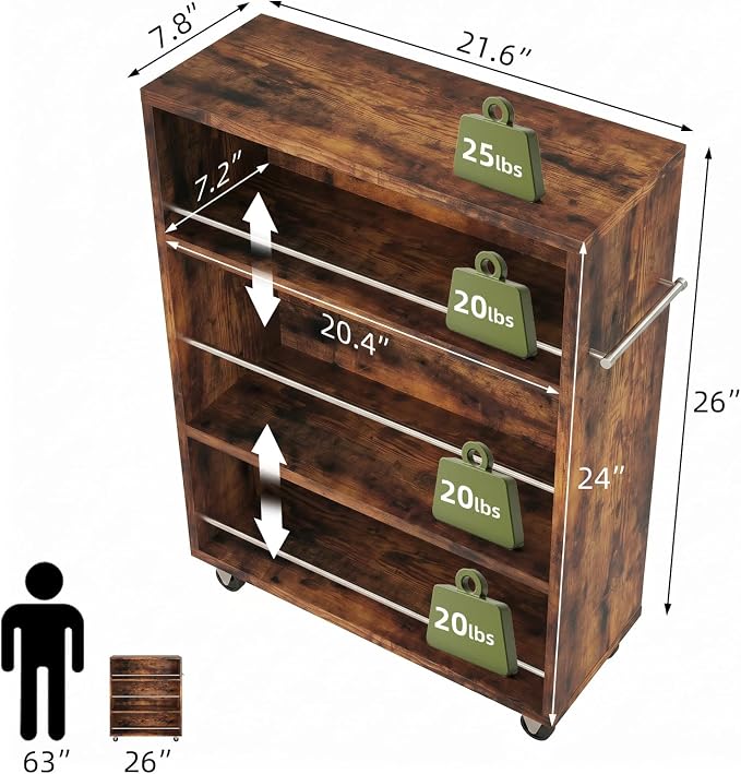 4-Tier Slim Rolling Cart with Wheels, 7.9"W Narrow Storage, Rustic Brown | 4 adjustable MDF shelves (20 lbs each), 360° casters + side handle, Fits kitchen, laundry, bathroom & dorm tight gaps - Image 2