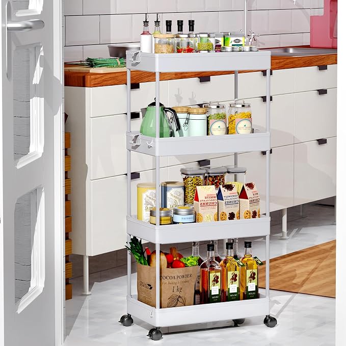 SPACEKEEPER 4 Tier Rolling Cart, Bathroom Cart Organizer with Wheels, Gray | Mobile Storage Cart for Laundry Room Organization,Kitchen,Office,Bathroom, Utility Cart for Snack,Craft,Art,Makeup,Nail,Toys - Image 4