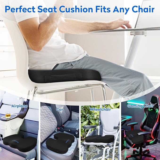 CushZone XXL Memory Foam Seat Cushion for Office & Car, Black | U-shaped Coccyx Cutout, Contoured Design, Breathable Removable Mesh Cover, Non-Slip Base, Carry Handle - Image 5
