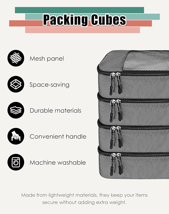 WTREE 4-Piece Packing Cubes Travel Accessories Set for Suitcases - Luggage Organizer Bags with Double Zipper - Mesh Top - Small - Dark Grey - Image 2