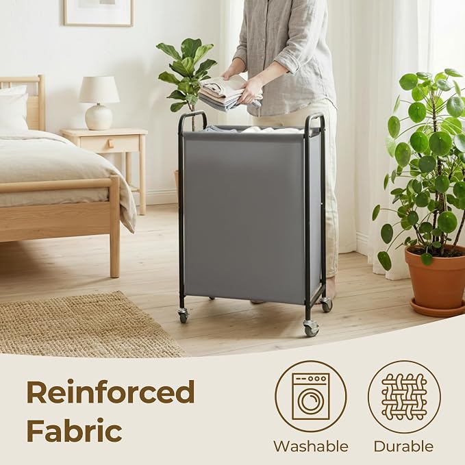 GRANNY SAYS Laundry Hamper, Slim Basket with Wheels and Handles, Grey, 80L | Heavy Duty Metal Frame, Silent Rolling Cart for Clothes in Bedroom, Bathroom, Dorm - Image 4