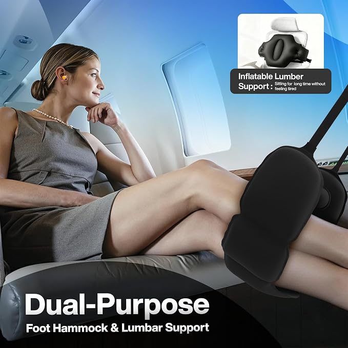 4-in-1 Travel Set – Inflatable Neck Pillow, Convertible Lumbar Support & Foot Hammock, 3D Sleep Mask & Ear Plugs – Complete Comfort Kit for Airplane, Office & Car – Gift-Ready (Black) - Image 4