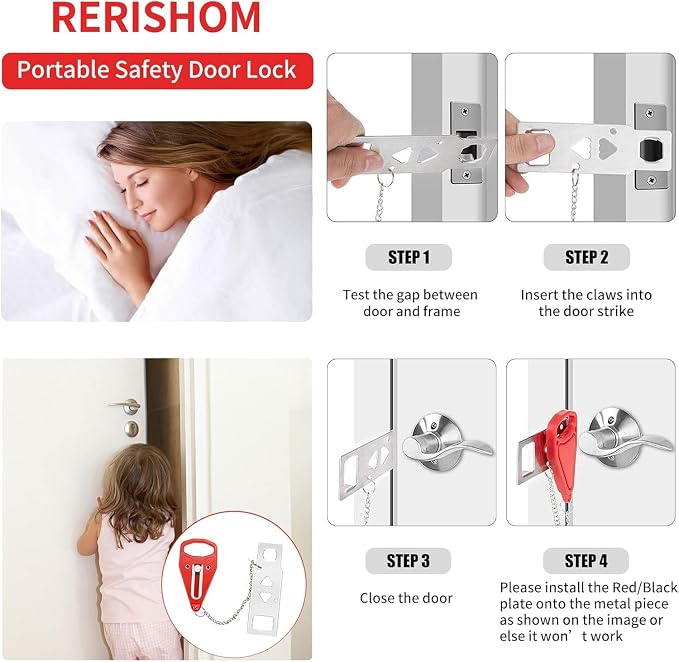 4 Pack Portable Door Lock, Hotel Travel Door Lock Security for Home | Hotel Safety Device for Door Security, Portable Lock for Hotel Room, Apartment, College Dorm and Travel - Image 4
