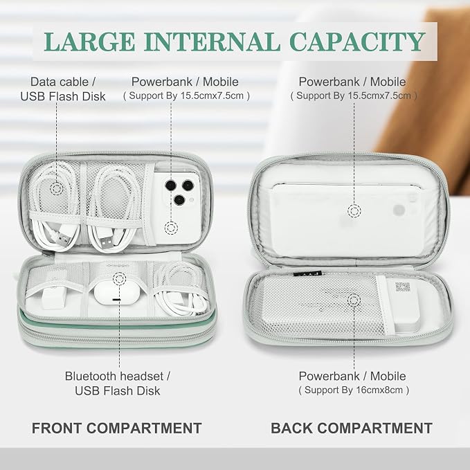 FYY Electronic Organizer, Travel Tech Pouch, Cable Organizer Green Quilted | Wrist Strap, Waterproof, Double Layers Portable Electronics Travel Carrying Case for Cord, Charger, Daily Business Trips Use - Image 3