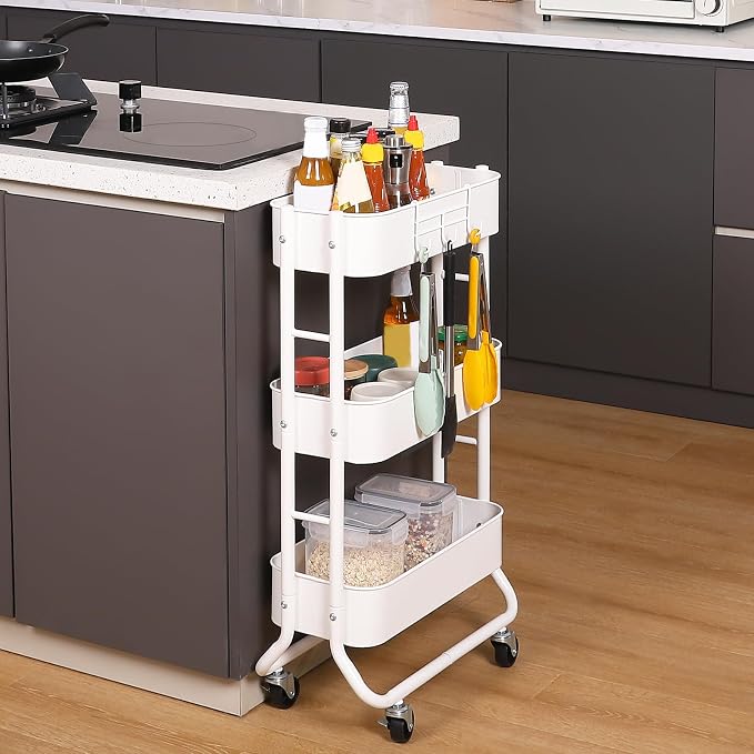MAX Houser Slim 3-Tier Rolling Utility Cart with Extra Hook, White | Narrow Metal Bathroom Storage Multifunctional Organizer Carts with Wheels with Extra Hook, Laundry Room,Kitchen,Small Space - Image 7
