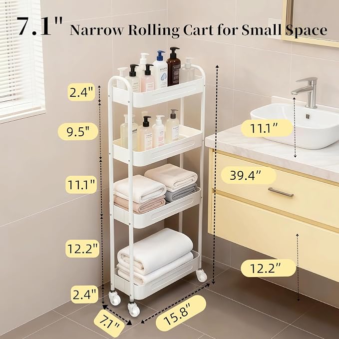 4 Tier Slim Kitchen Storage Cart for Narrow Space, 7.1'' Wide Metal Rolling cart with Wheels and Lockable Casters, Sturdy Mobile Thin Shelf for Laundry Room Between Washer and Dryer, White - Image 7