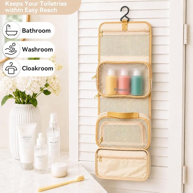 Hanging Travel Toiletry Bag, Waterproof Travel Bag for Toiletries Makeup Cosmetic Bag Organizer for Women Traveling Bathroom Shower, with 3 Silicone Travel Bottles, Beige - Image 4