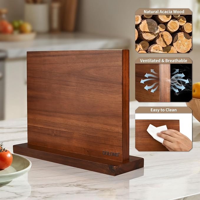 Magnetic Knife Block, Acacia Wood Kitchen Knife Holder, Multifunctional Double Side Knife Storage Organizer for Kitchen Counter ，Equipped with powerful enhanced magnets (Without knife) - Image 5