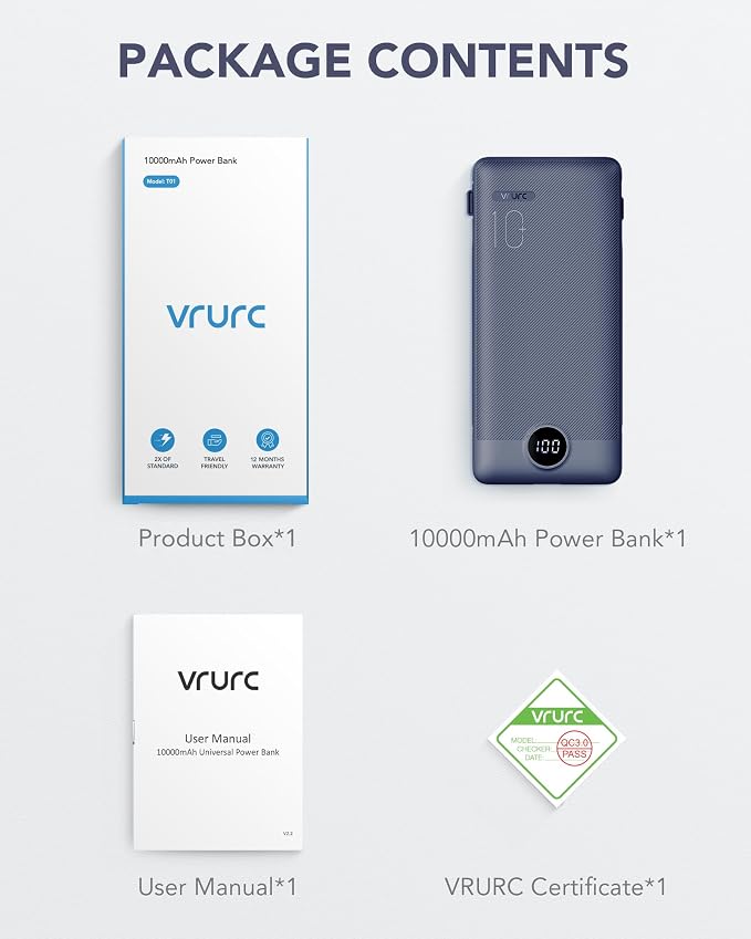 VRURC Portable Charger Built-in Cables and AC Wall Plug, USB C Power Bank 10000mAh, Travel Battery Portable Phone Charger Compact Lightweight External Battery Pack for Smart Phones, Tablets etc-Navy - Image 7