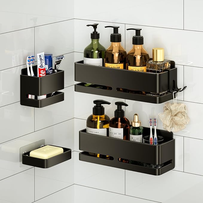 Bathroom Shower Caddy,No Drill Shower Shelves(5-piece Set-Black) | Wall-mounted shelf with soap dish and toothbrush holder, ideal for bathroom storage and also suitable for kitchen by Unknown